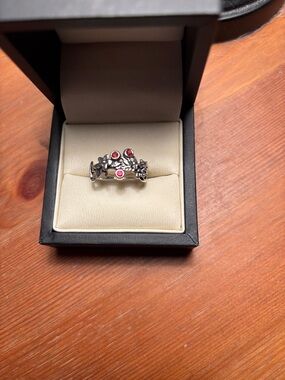 Or Paz Silver Floral Ring with Red-Pink Stones
